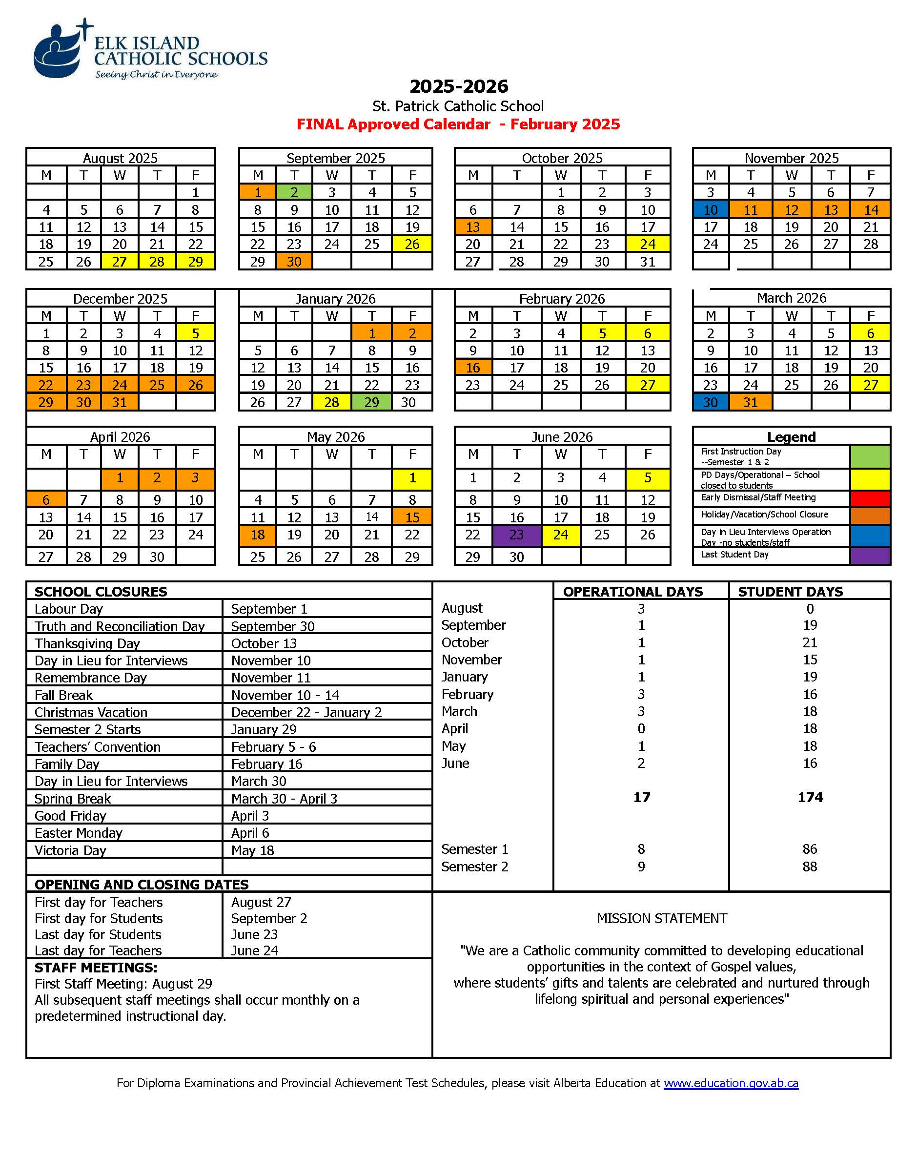 Camrose Calendars for the 20252026 School Year Approved St. Patrick